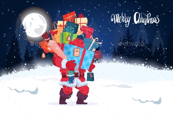 Merry Christmas Banner Santa Holding Heap of Gifts - Christmas Seasons/Holidays