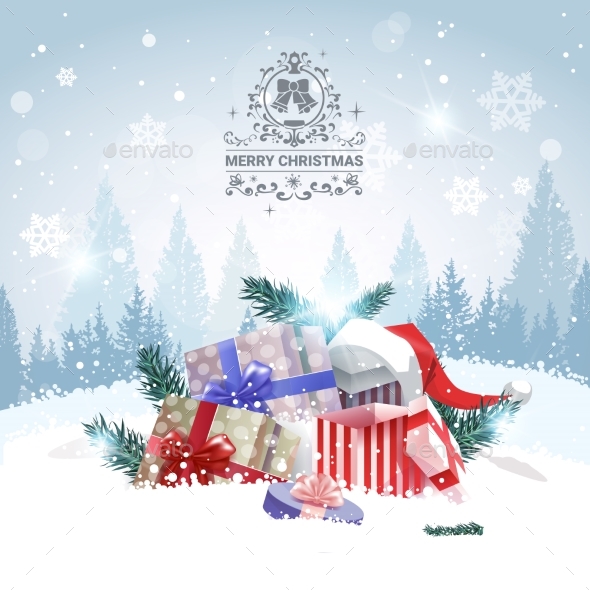 GraphicRiver Stack of Gifts Over Winter Forest Landscape 21143842 GraphicRiver Stack of Gifts Over Winter Forest Landscape 21143842