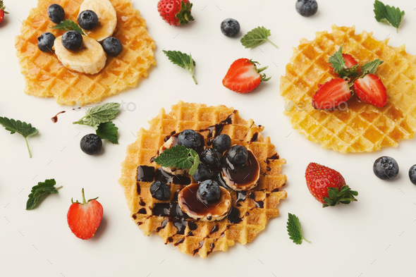 Waffles with fruits, breakfast background - Stock Photo - Images