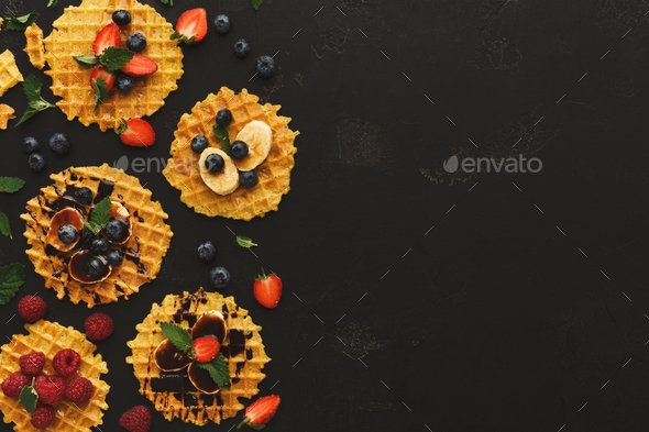 Waffles with fruits, breakfast background - Stock Photo - Images