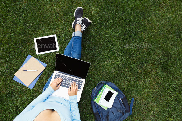 Girl with laptop on the grass - Stock Photo - Images