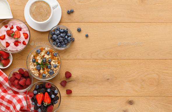 Rich breakfast on natural wooden table - Stock Photo - Images