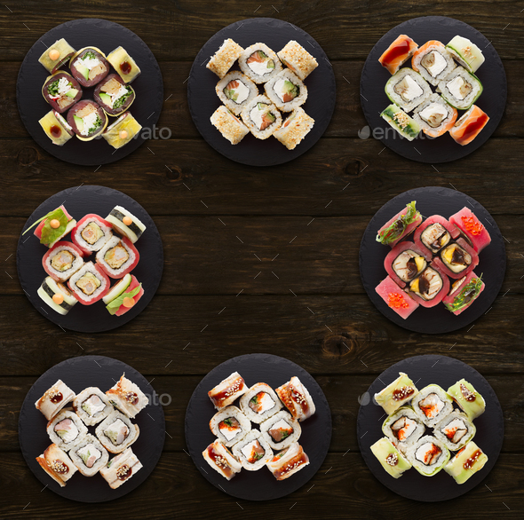 Collage of assorted sushi sets - Stock Photo - Images