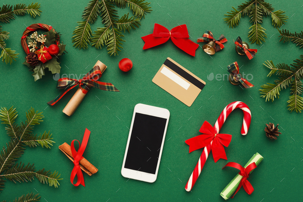 Smartphone, christmas decorations and credit card - Stock Photo - Images