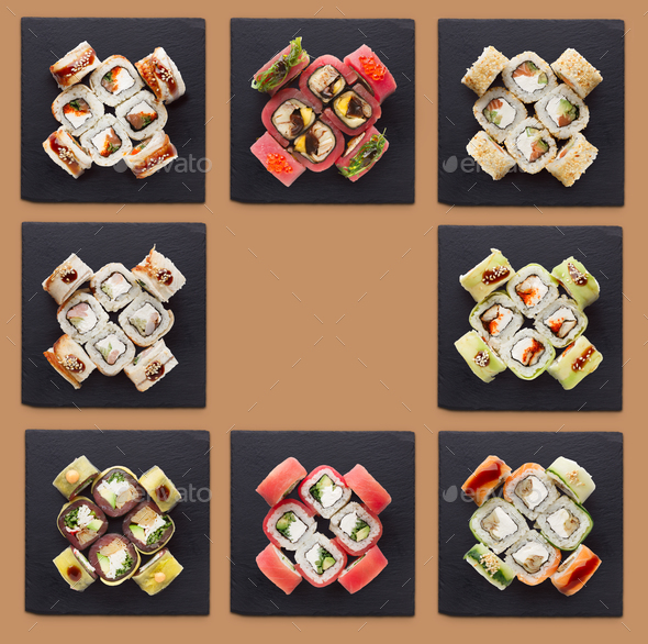 Collage of assorted sushi sets - Stock Photo - Images
