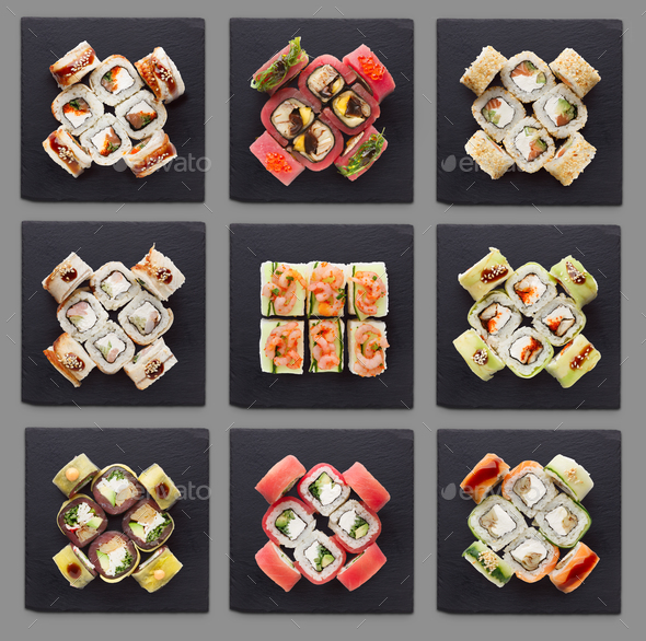 Collage of assorted sushi sets - Stock Photo - Images