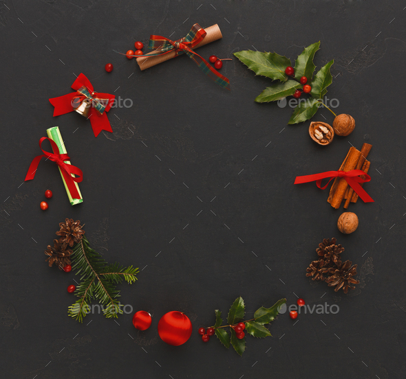 Christmas decoration frame on black background - Stock Photo - Images