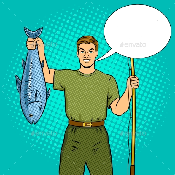 Fisherman with Fishing Rod and Fish Pop Art Vector