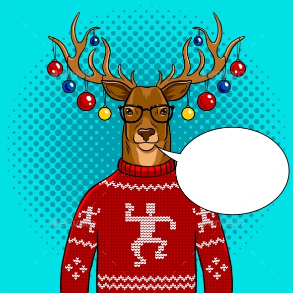 Christmas Deer with Toys Pop Art Vector