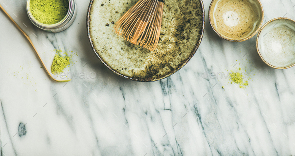 Japanese tools and bowls for brewing matcha green tea - Stock Photo - Images