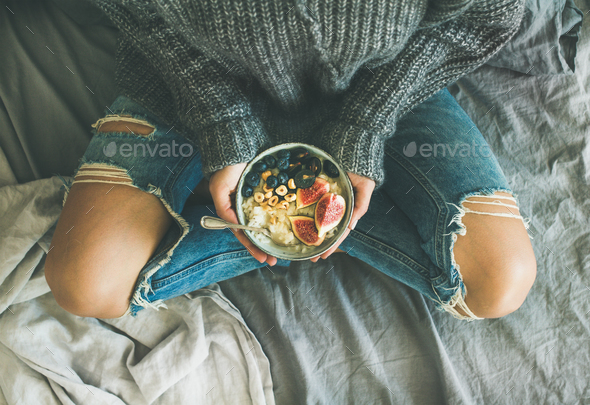 Healthy vegetarian dieting winter breakfast in bed concept - Stock Photo - Images