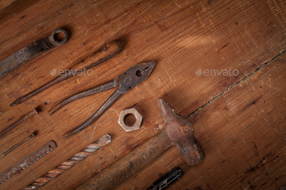 Collection of vintage tools on wooden background - Stock Photo - Images