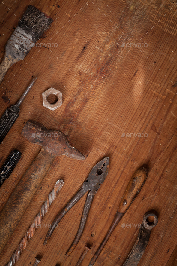Collection of vintage tools on wooden background - Stock Photo - Images