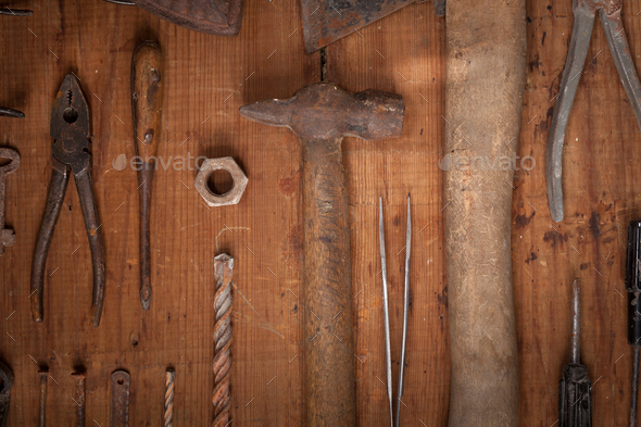 Collection of vintage tools on wooden background - Stock Photo - Images