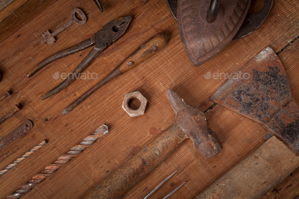 Collection of vintage tools on wooden background - Stock Photo - Images