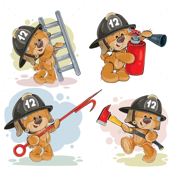 Set of Teddy Bears Firefighters Cartoon Characters - Animals Characters