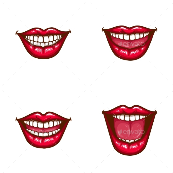 Set of Female Lips in Red Glossy Lipstick - Miscellaneous Vectors