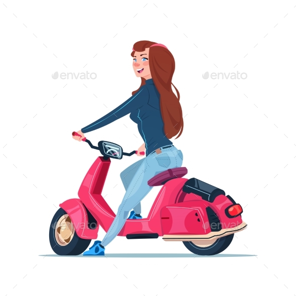 GraphicRiver Young Girl Riding Electric Scooter Red Vintage 21146343