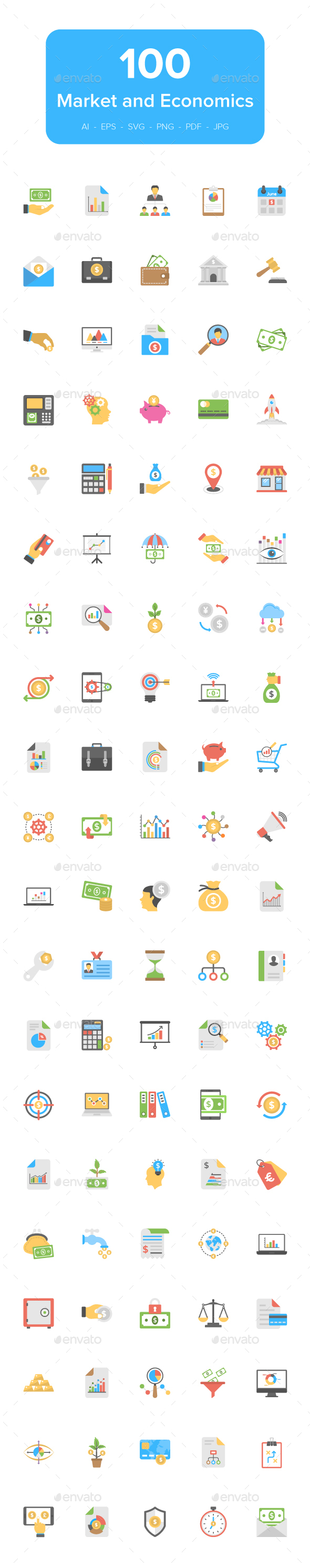 100 Flat Market and Economics Icons - Icons
