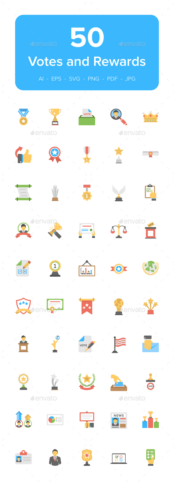 50 Vote and Rewards Flat Icons - Icons