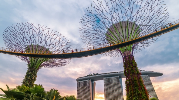 Sunset Landscape of Gardens By the Bay in Singapore. August 2017 alt