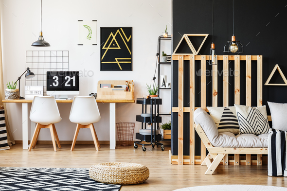 Interior with wooden pallet decor - Stock Photo - Images