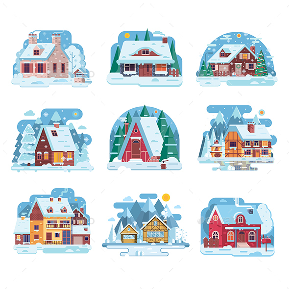 Winter Houses and Cabins Set - Buildings Objects