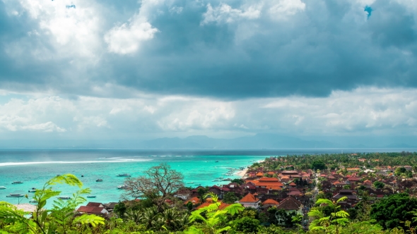 Aerial View Jungut Batu Beach of the Island of Nusa Lembongan in Clouds Weather, Indonesia alt