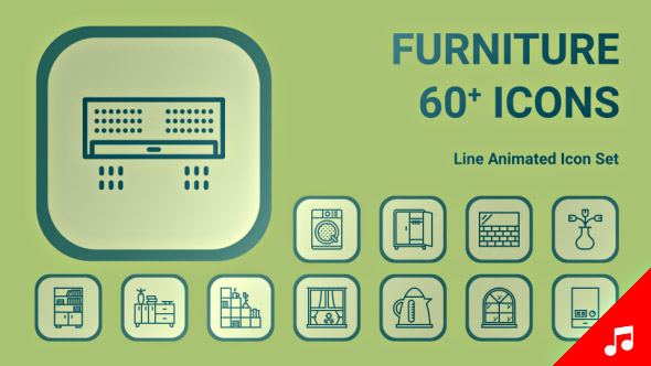 Livingroom Interior Furniture Animation - Line Icons and Elements
