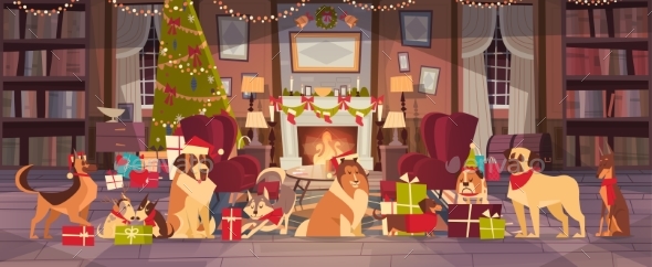Dogs In Santa Hats In Living Room With Decorated - Seasons/Holidays Conceptual