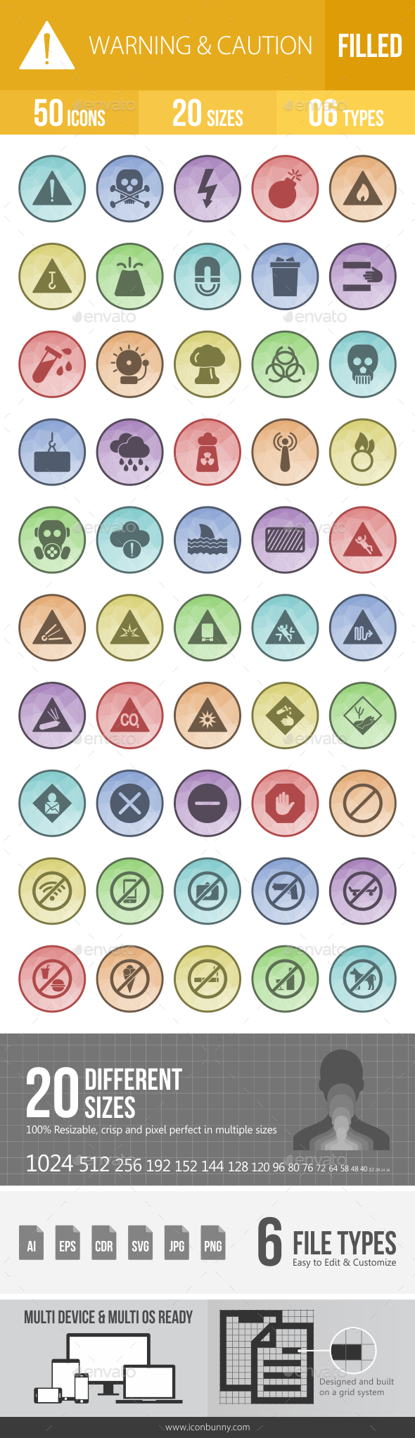 50 Warning & Caution Filled Low Poly Icons - Icons