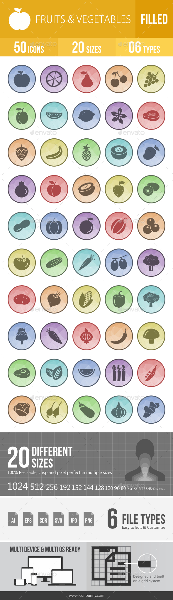 50 Fruits & Vegetables Filled Low Poly Icons - Icons
