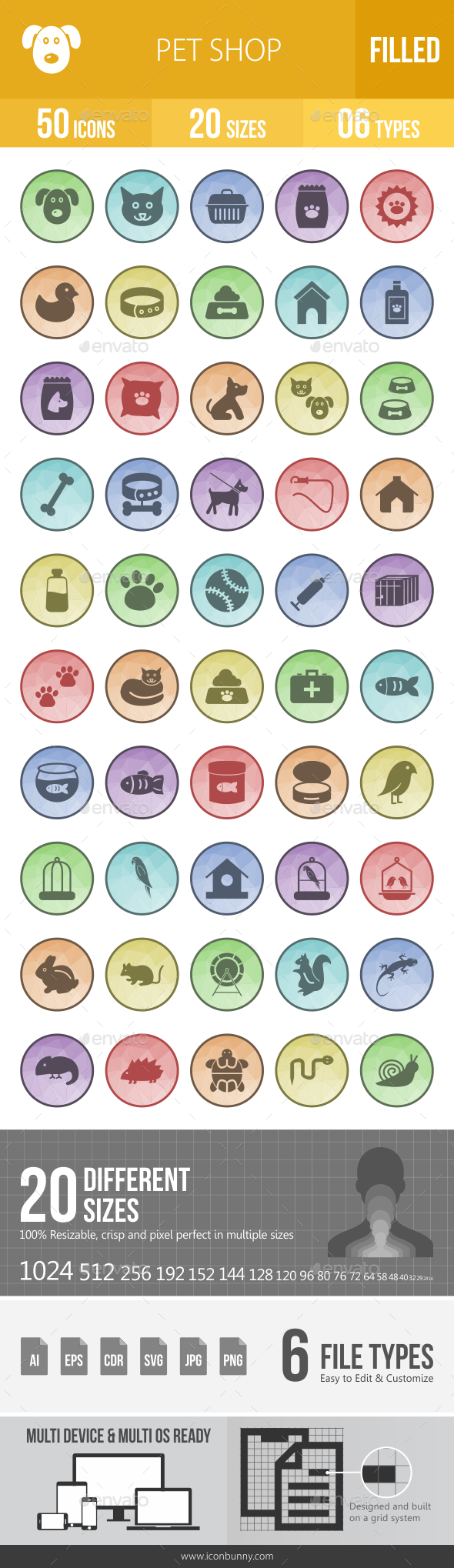50 Pet Shop Filled Low Poly Icons - Icons