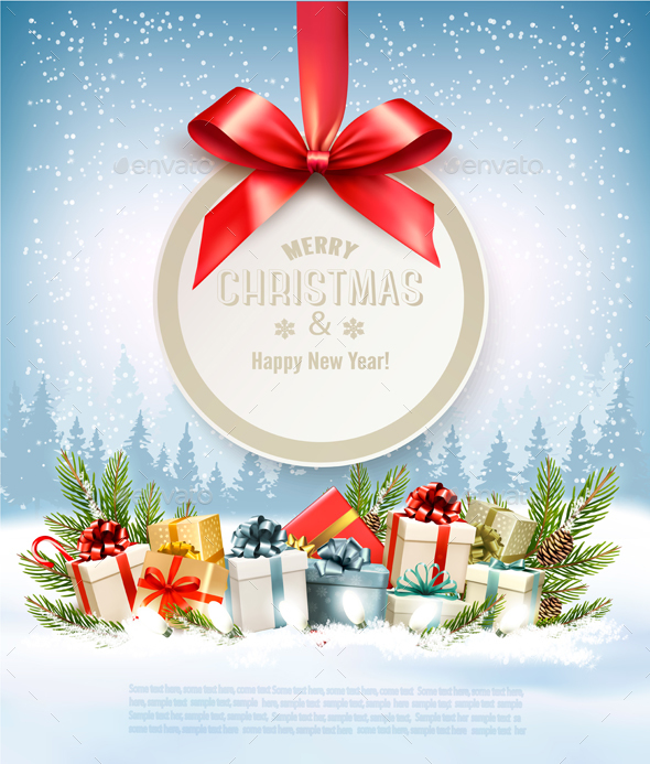 Merry Christmas Banners with Tree Branches and Gift Boxes - Christmas Seasons/Holidays