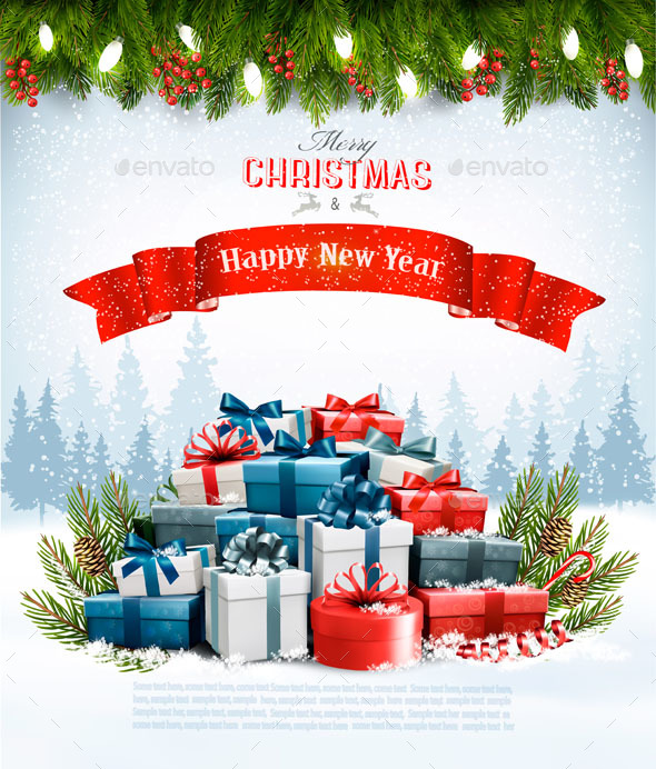 Christmas Background with Presents and Branches - Christmas Seasons/Holidays