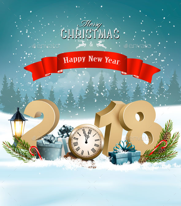 Happy New Year 2018 Background with Presents and Clock - New Year Seasons/Holidays