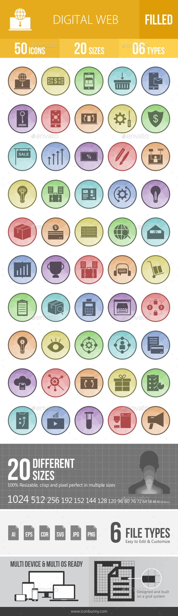 50 Digital Web Filled Low Poly Icons - Icons