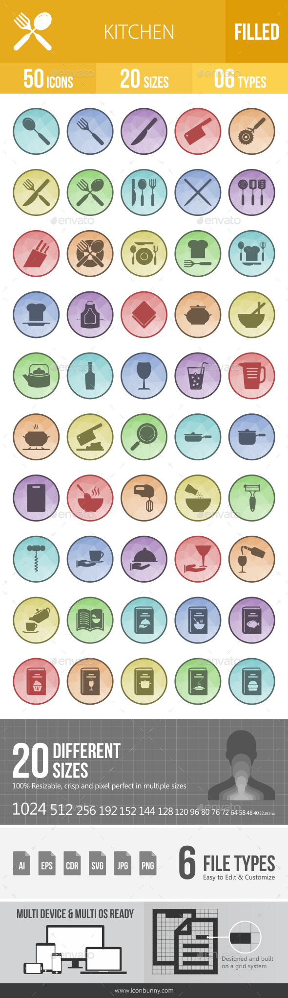 GraphicRiver 50 Kitchen Filled Low Poly Icons 21157297