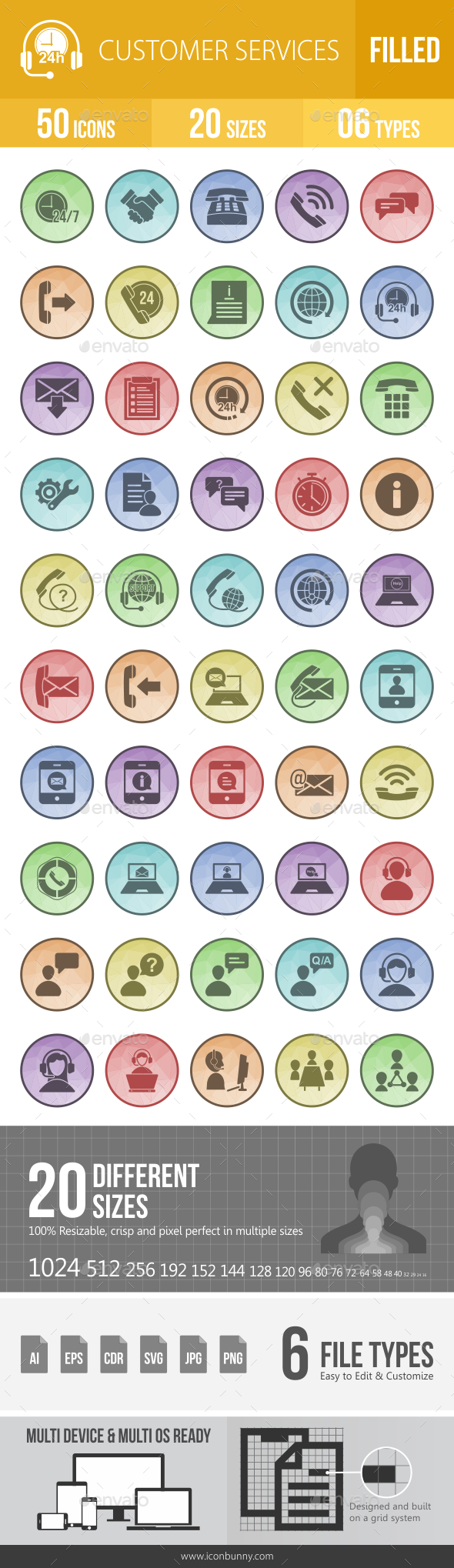 50 Customer Services Filled Low Poly Icons - Icons