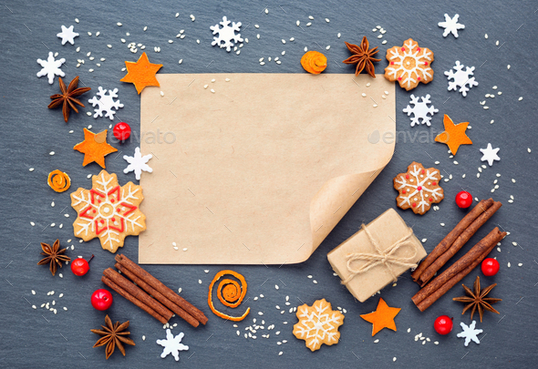 Christmas background with gingerbread cookies, snowflakes, spice - Stock Photo - Images