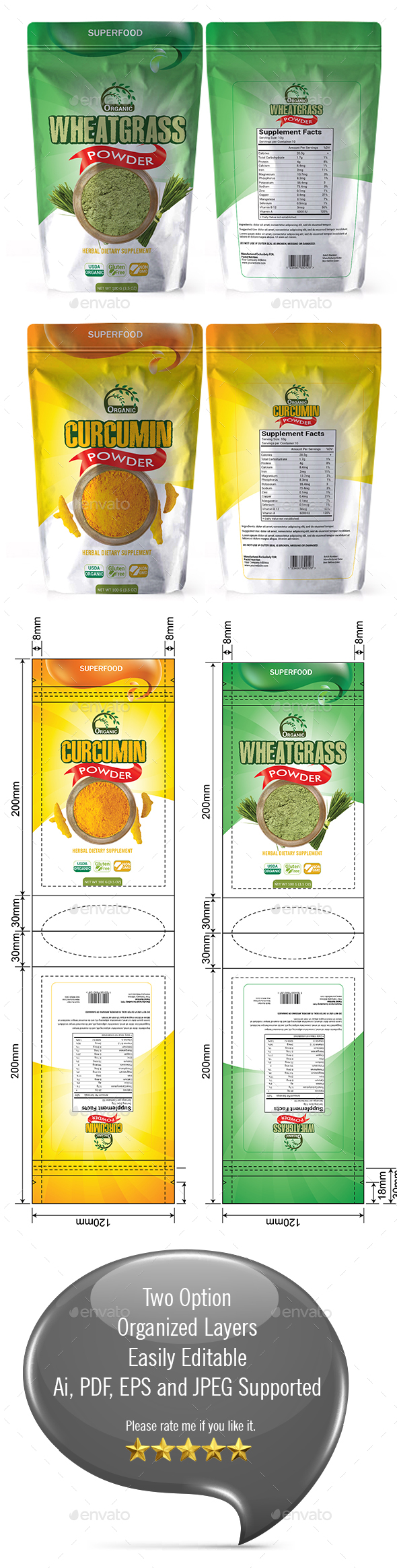 Wheatgrass Powder Packaging Template - Packaging Print Templates