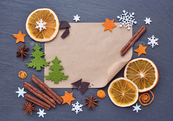 Christmas background with gingerbread cookies, snowflakes, spice - Stock Photo - Images