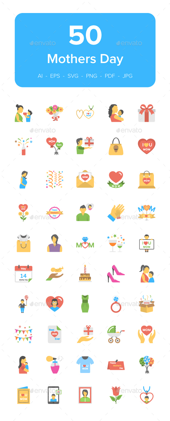 50 Mothers Day Flat Vector Icons - Icons