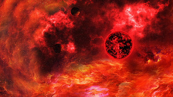Abstract Red Space Nebula and Big Red Star with Planets