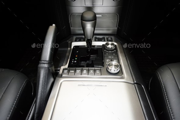 automatic transmission gear stick in modern car interior - Stock Photo - Images