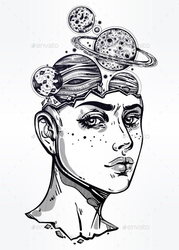 Drawing Lines In Keynote : Portriat of girl with head planets space inside by