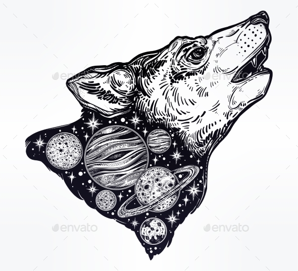 Double Exposure Wolf Howling at Moon, Outer Space. - Miscellaneous Vectors