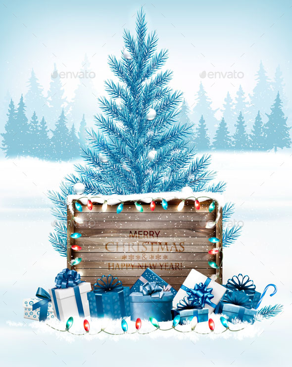 Christmas Holiday Background with Presents and Wooden Board - Christmas Seasons/Holidays