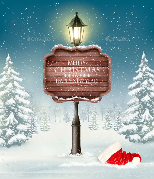GraphicRiver Snowy Forest and a Wooden Merry Christmas Sign 21164270