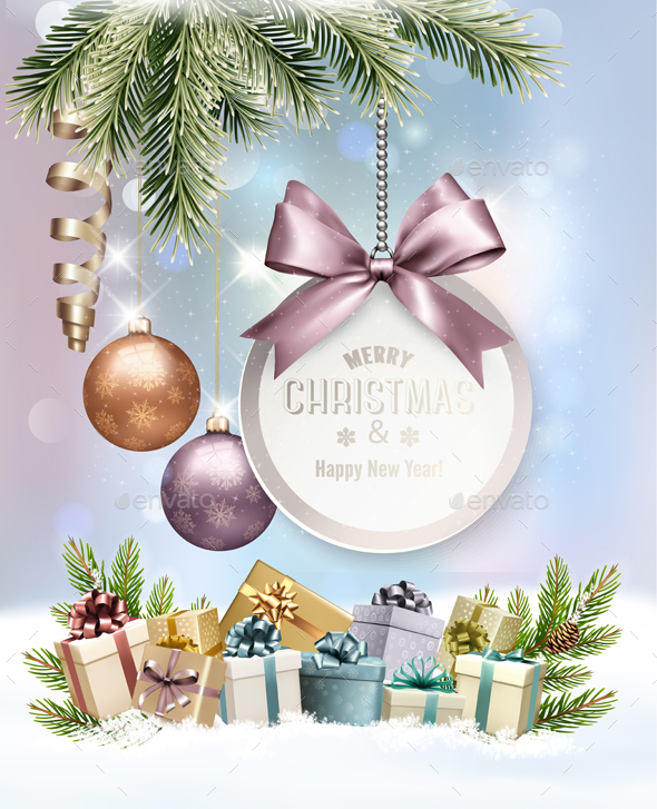 Merry Christmas Banners with Branches Of Tree and Gift Box - Christmas Seasons/Holidays